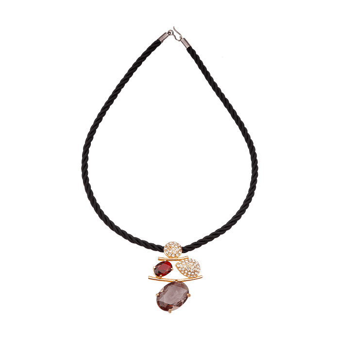 Collier Cordon Noir & Pendentif Doré Orné de Zircons multicolore