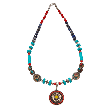 Collier pendentif Tibétain Vintage Multicolore en Pierres Naturelles