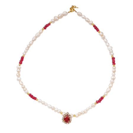 Collier en perles de culture et agate rouge avec pendentif en pierre rouge