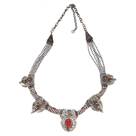 Collier Tibétain Vintage en Métal Argenté & Pierres Naturelles