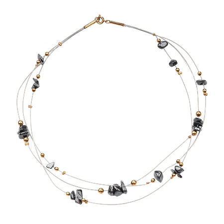 Collier en chips d’onyx sur fil nylon transparent et métal argenté