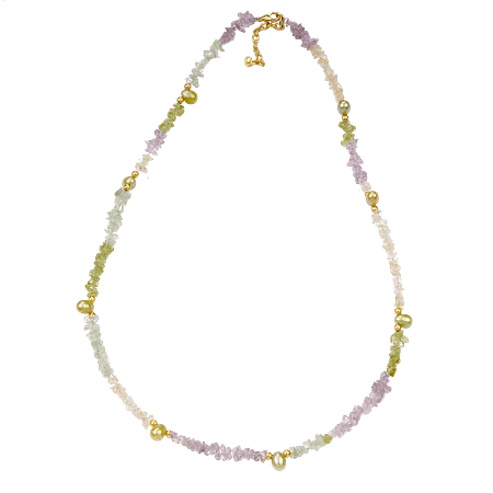 Collier en chips d’améthyste, péridot et perles de culture