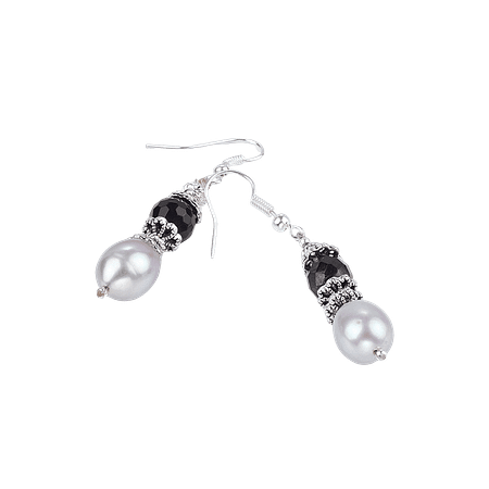 Boucles d’oreilles en onyx & perle de culture – Crochets en acier inoxydable argenté