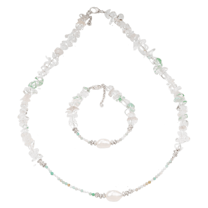 Ensemble bracelet et collier en chips de quartz & perles de culture